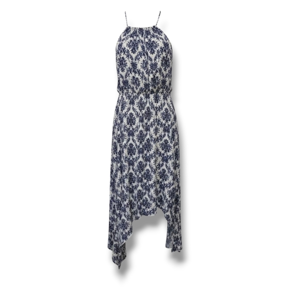 Foreign Exchange Blue & White Floral Sharkbite Hem Dress – Size Small